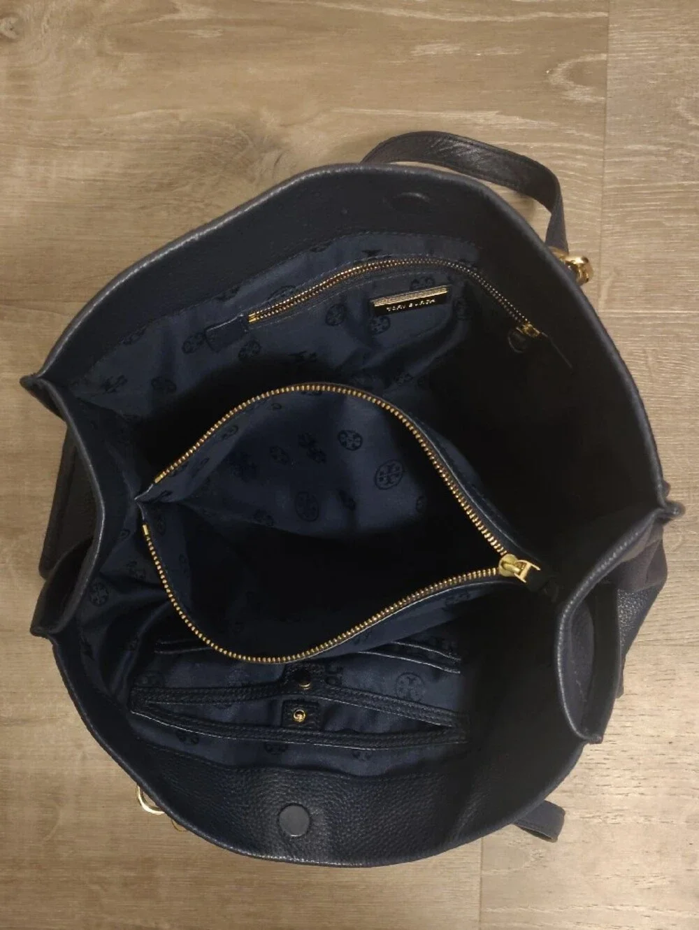 Tory Burch Britten Slouch Navy Pebbled Leather Double-Handle Tote with Gold Logo